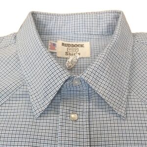 Vtg USA Ruddocks Shirts Pearl Snap Men 18.5 Classic Extra Long Tails Blue Plaid